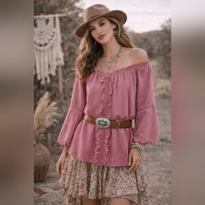 Melissa Page Size L Pink Tunic Top Blouse 3/4 Bell Sleeves Lace Trim